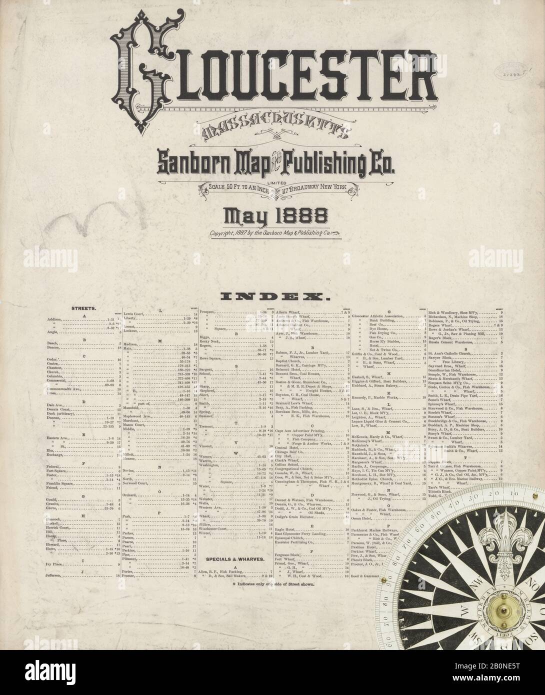 Immagine 19 Della Mappa Sanborn Fire Insurance Di Gloucester, Essex County, Massachusetts. Maggio 1888. 19 foglio(i), America, mappa stradale con una bussola Del Xix Secolo Foto Stock