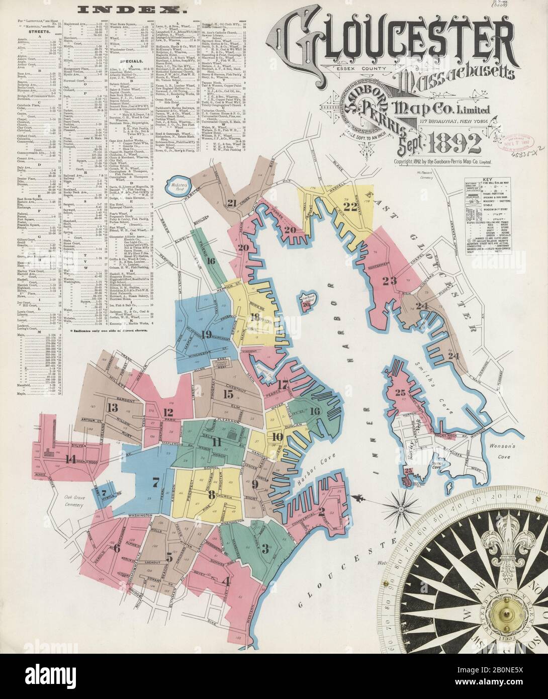 Immagine 1 Della Mappa Sanborn Fire Insurance Di Gloucester, Essex County, Massachusetts. Set 1892. 26 fogli, America, mappa stradale con una bussola Del Xix Secolo Foto Stock