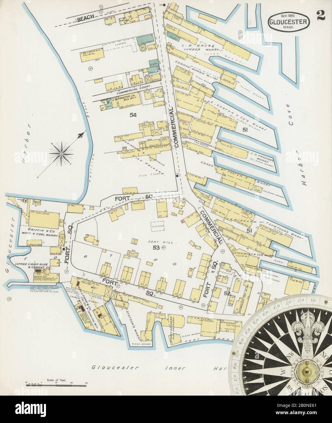 Immagine 2 Della Mappa Sanborn Fire Insurance Di Gloucester, Essex County, Massachusetts. Set 1892. 26 fogli, America, mappa stradale con una bussola Del Xix Secolo Foto Stock