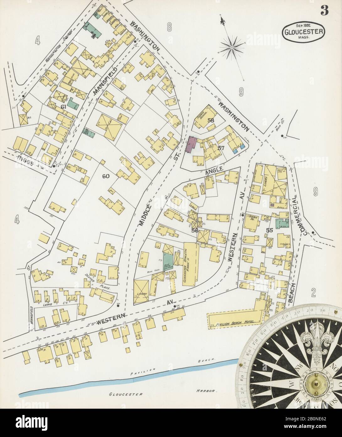 Immagine 3 Della Mappa Sanborn Fire Insurance Di Gloucester, Essex County, Massachusetts. Set 1892. 26 fogli, America, mappa stradale con una bussola Del Xix Secolo Foto Stock