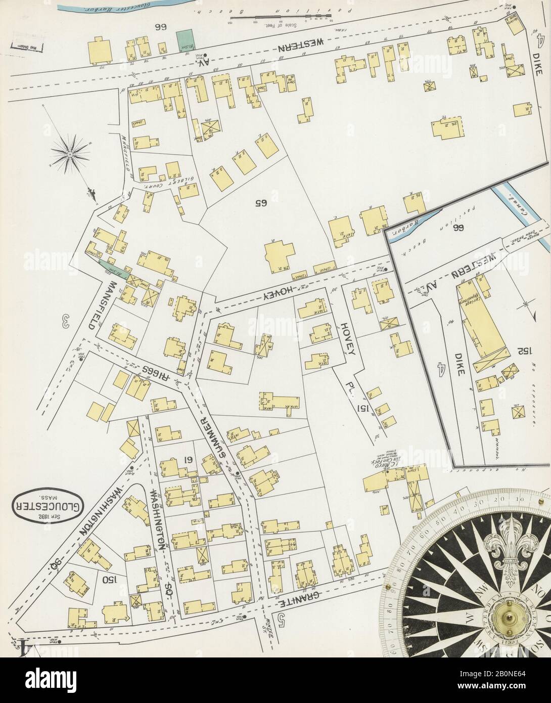 Immagine 4 Della Mappa Sanborn Fire Insurance Di Gloucester, Essex County, Massachusetts. Set 1892. 26 fogli, America, mappa stradale con una bussola Del Xix Secolo Foto Stock