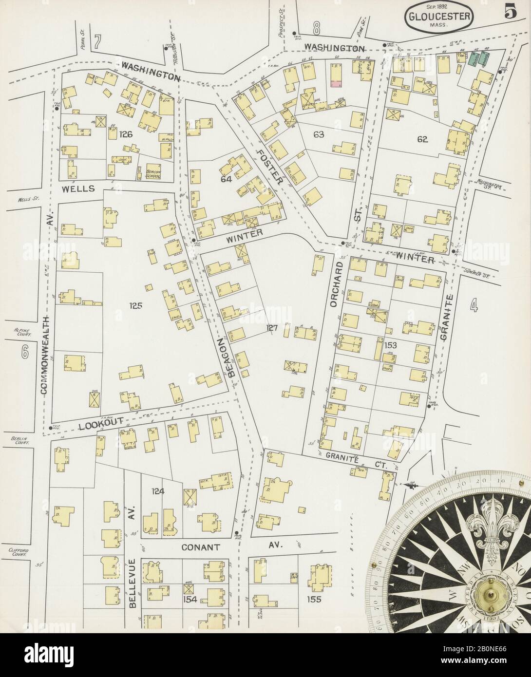 Immagine 5 Della Mappa Sanborn Fire Insurance Di Gloucester, Essex County, Massachusetts. Set 1892. 26 fogli, America, mappa stradale con una bussola Del Xix Secolo Foto Stock