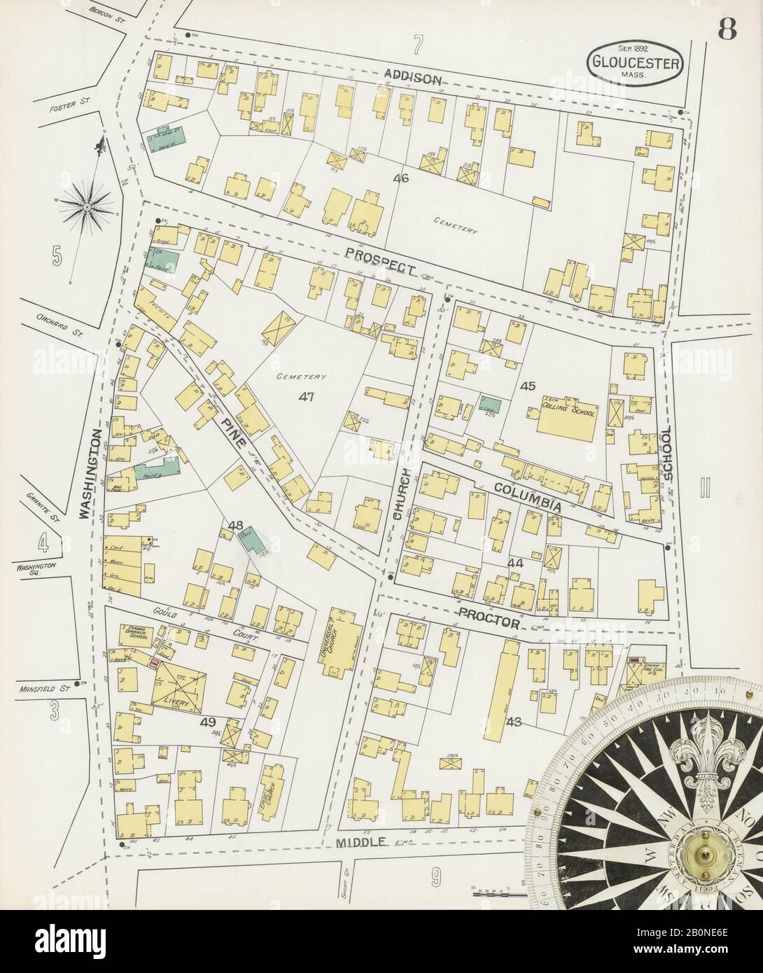 Immagine 8 Della Mappa Sanborn Fire Insurance Di Gloucester, Essex County, Massachusetts. Set 1892. 26 fogli, America, mappa stradale con una bussola Del Xix Secolo Foto Stock