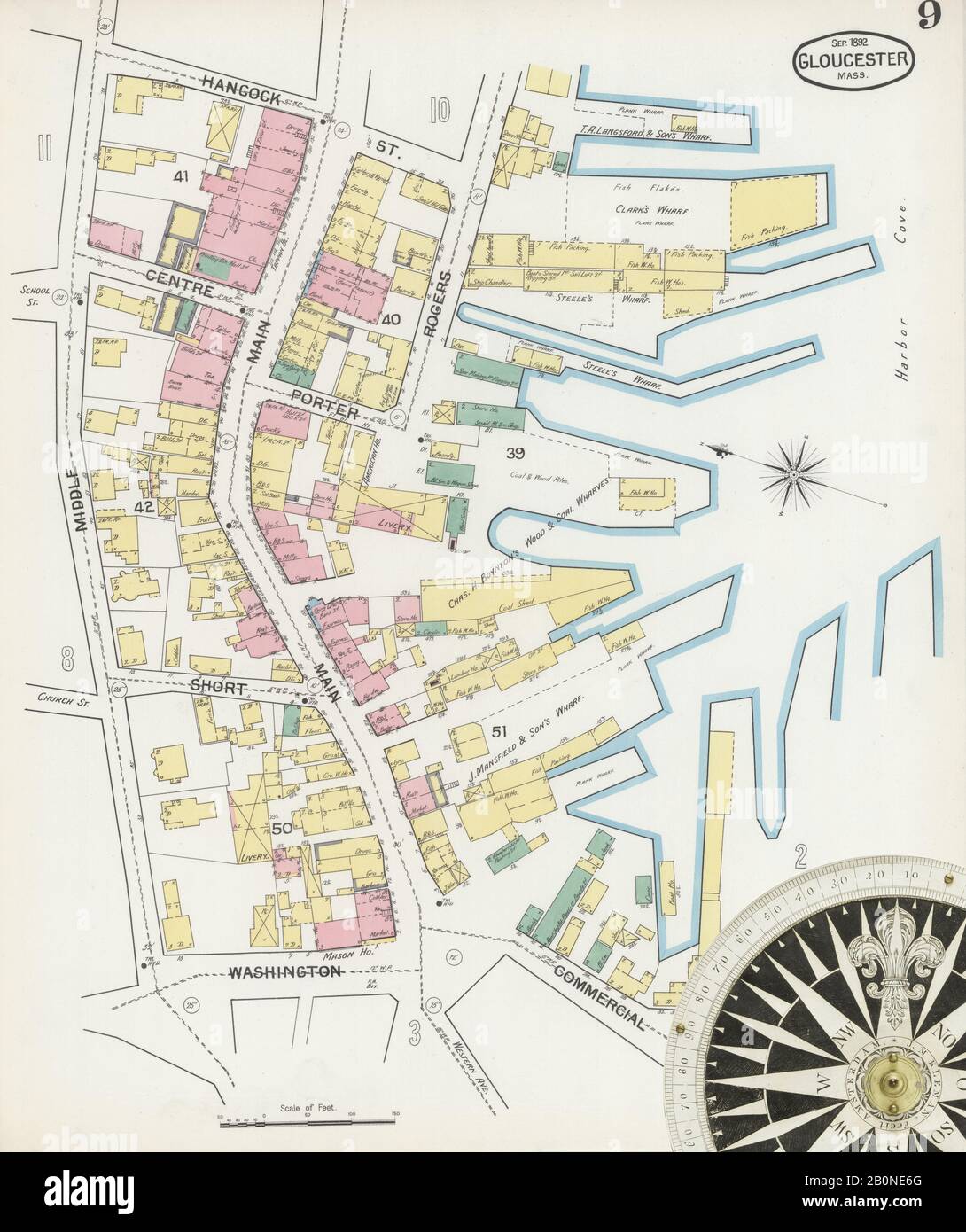 Immagine 9 Della Mappa Sanborn Fire Insurance Di Gloucester, Essex County, Massachusetts. Set 1892. 26 fogli, America, mappa stradale con una bussola Del Xix Secolo Foto Stock
