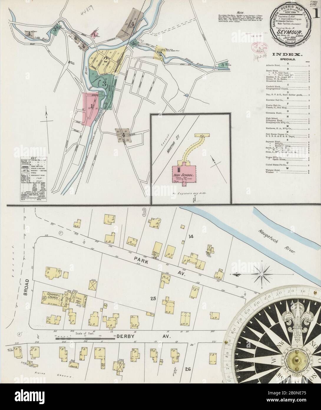 Immagine 1 Della Mappa Sanborn Fire Insurance Di Seymour, New Haven County, Connecticut. Lug 1895. 4 fogli, America, mappa stradale con una bussola Del Xix Secolo Foto Stock