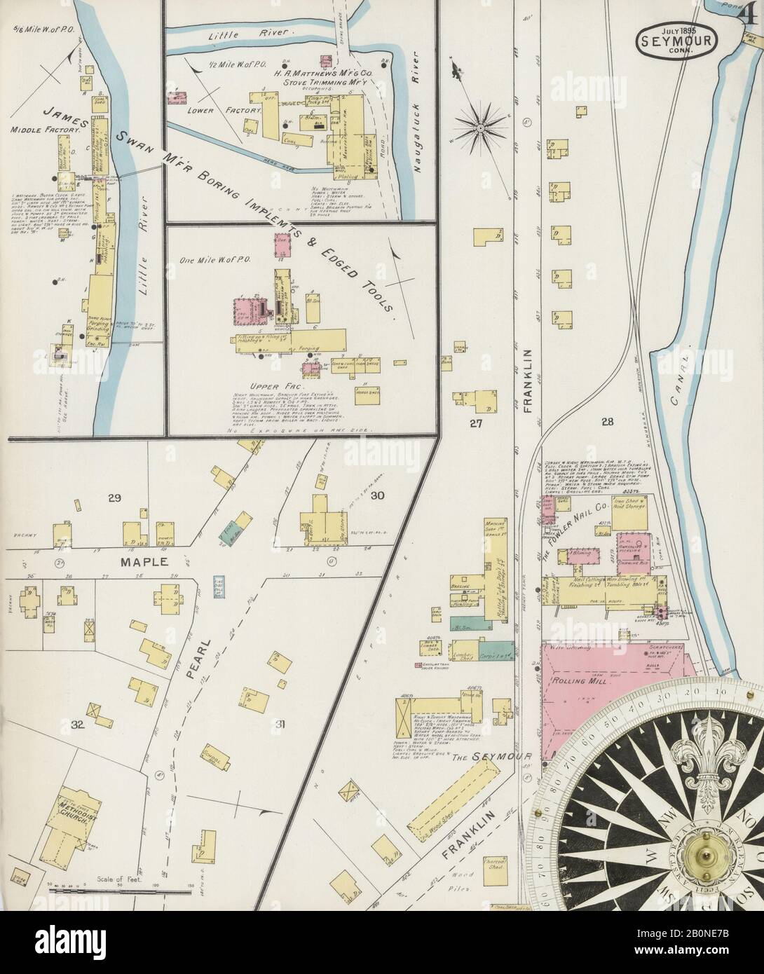 Immagine 4 Della Mappa Sanborn Fire Insurance Di Seymour, New Haven County, Connecticut. Lug 1895. 4 fogli, America, mappa stradale con una bussola Del Xix Secolo Foto Stock