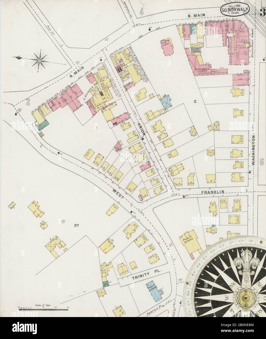 Immagine 3 Della Mappa Sanborn Fire Insurance Da South Norwalk, Fairfield County, Connecticut. Lug 1895. 11 fogli, America, mappa stradale con una bussola Del Xix Secolo Foto Stock