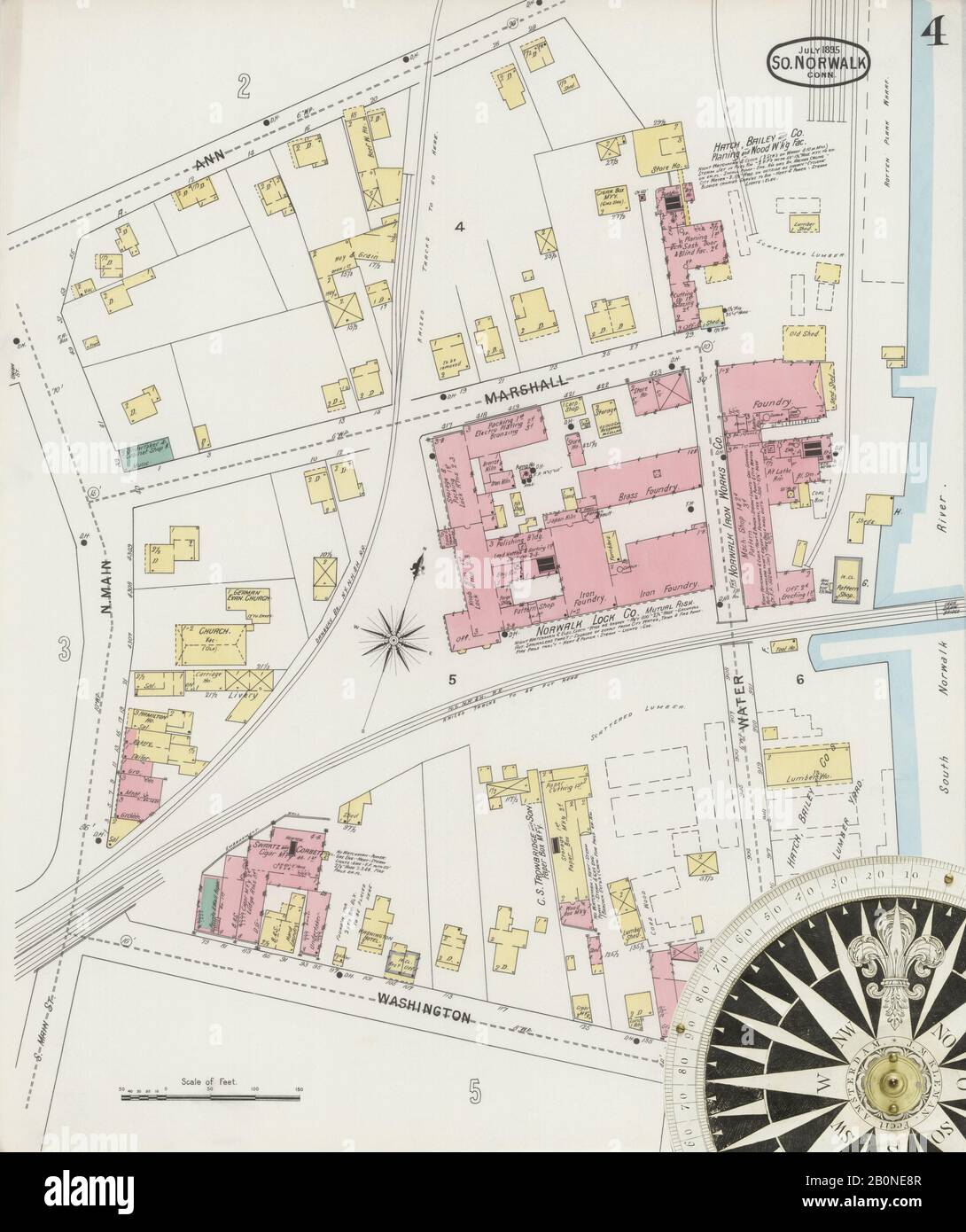 Immagine 4 Della Mappa Sanborn Fire Insurance Da South Norwalk, Fairfield County, Connecticut. Lug 1895. 11 fogli, America, mappa stradale con una bussola Del Xix Secolo Foto Stock