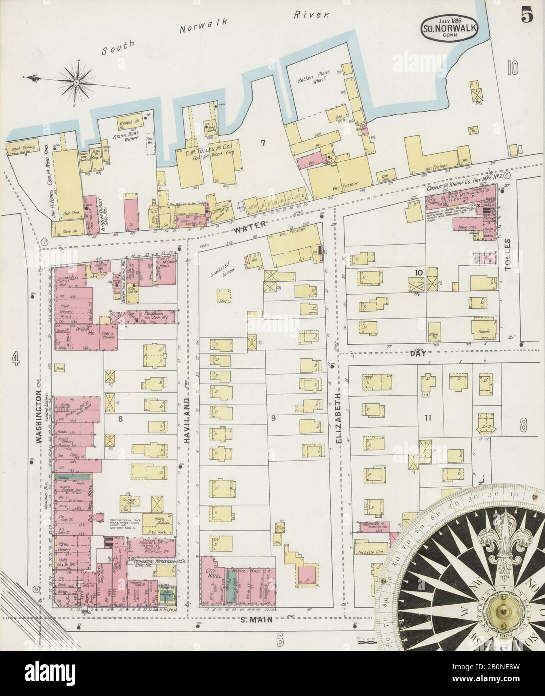 Immagine 5 Della Mappa Sanborn Fire Insurance Di South Norwalk, Fairfield County, Connecticut. Lug 1895. 11 fogli, America, mappa stradale con una bussola Del Xix Secolo Foto Stock