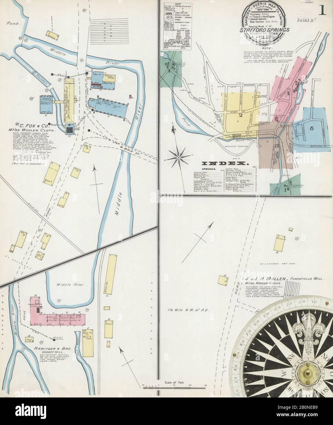 Immagine 1 Della Mappa Sanborn Fire Insurance Di Stafford Springs, Tolland County, Connecticut. Giu 1892. 5 fogli, America, mappa stradale con una bussola Del Xix Secolo Foto Stock