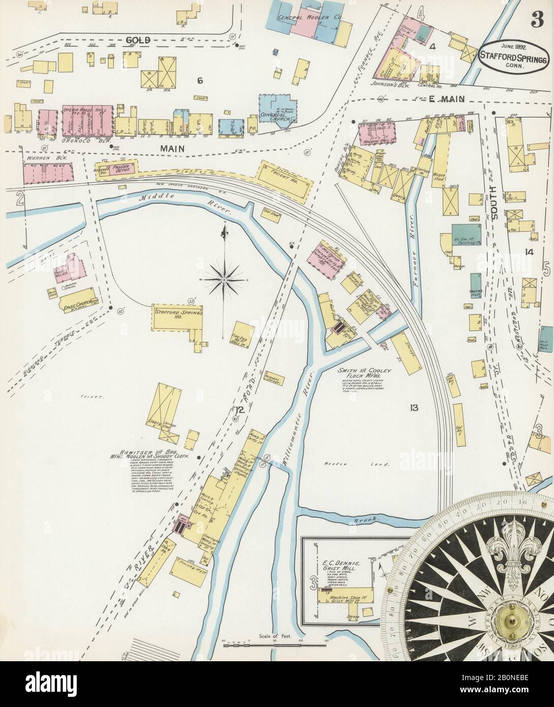Immagine 3 Della Mappa Sanborn Fire Insurance Da Stafford Springs, Tolland County, Connecticut. Giu 1892. 5 fogli, America, mappa stradale con una bussola Del Xix Secolo Foto Stock