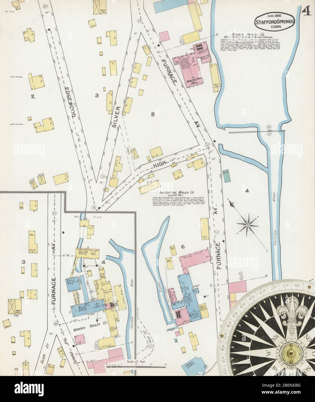 Immagine 4 Della Mappa Sanborn Fire Insurance Da Stafford Springs, Tolland County, Connecticut. Giu 1892. 5 fogli, America, mappa stradale con una bussola Del Xix Secolo Foto Stock