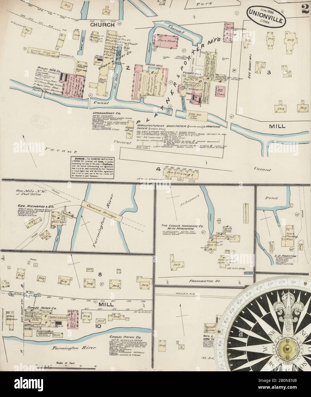 Immagine 2 Della Mappa Sanborn Fire Insurance Di Unionville, Hartford County, Connecticut. Giu 1884. 2 fogli, America, mappa stradale con una bussola Del Xix Secolo Foto Stock