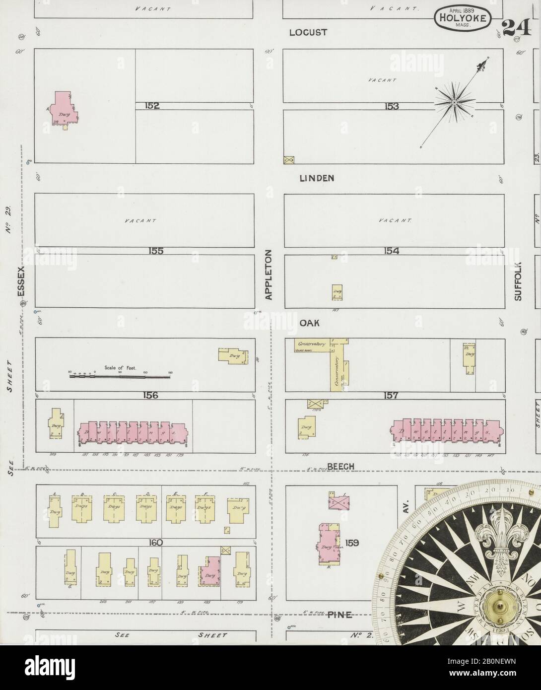 Immagine 24 Della Mappa Sanborn Fire Insurance Di Holyoke, Hampden County, Massachusetts. Apr 1889. 30 fogli, America, mappa stradale con una bussola Del Xix Secolo Foto Stock