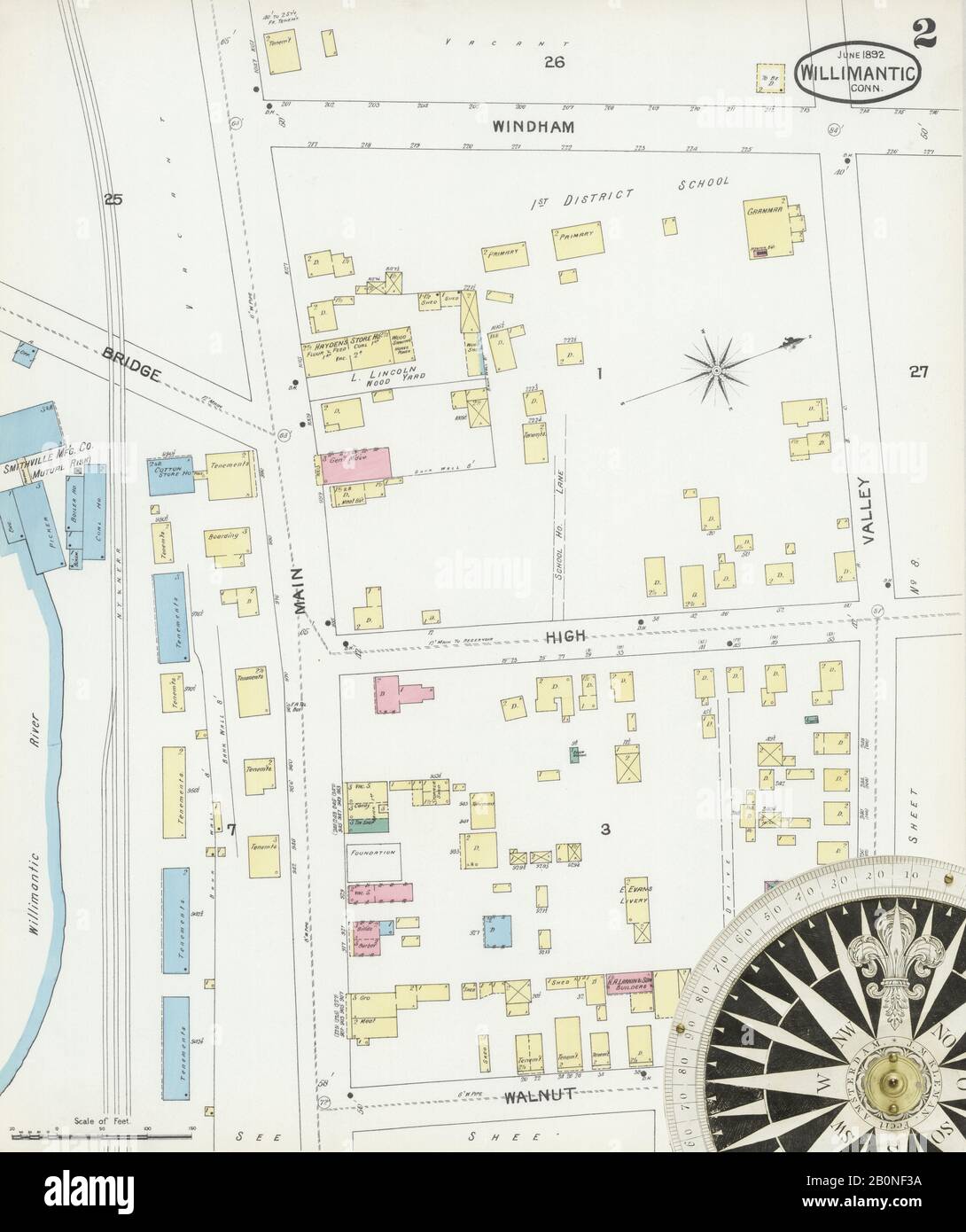 Immagine 2 Della Mappa Sanborn Fire Insurance Di Willimmantic, Windham County, Connecticut. Giu 1892. 10 fogli, America, mappa stradale con una bussola Del Xix Secolo Foto Stock
