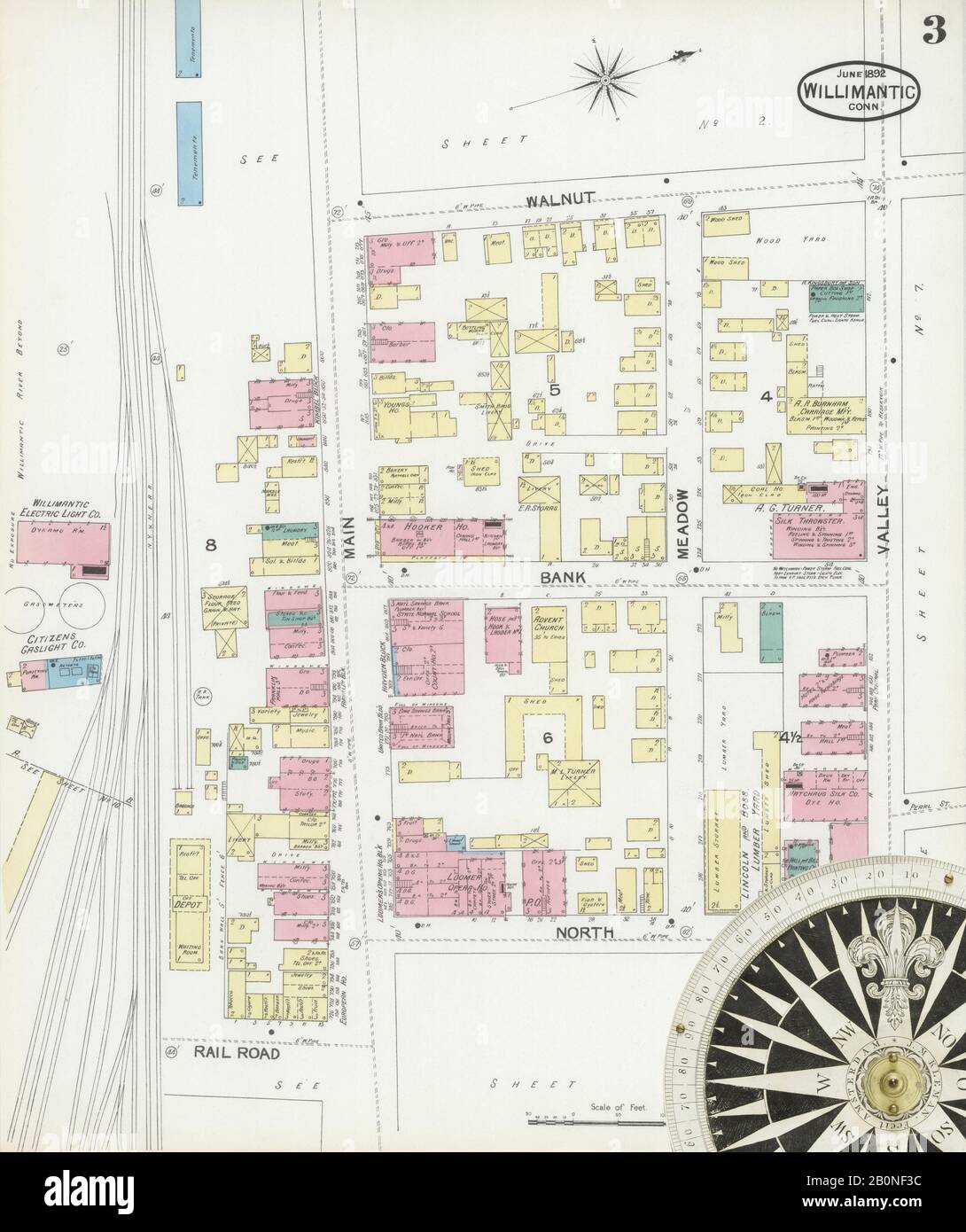Immagine 3 Della Mappa Sanborn Fire Insurance Di Willimmantic, Windham County, Connecticut. Giu 1892. 10 fogli, America, mappa stradale con una bussola Del Xix Secolo Foto Stock