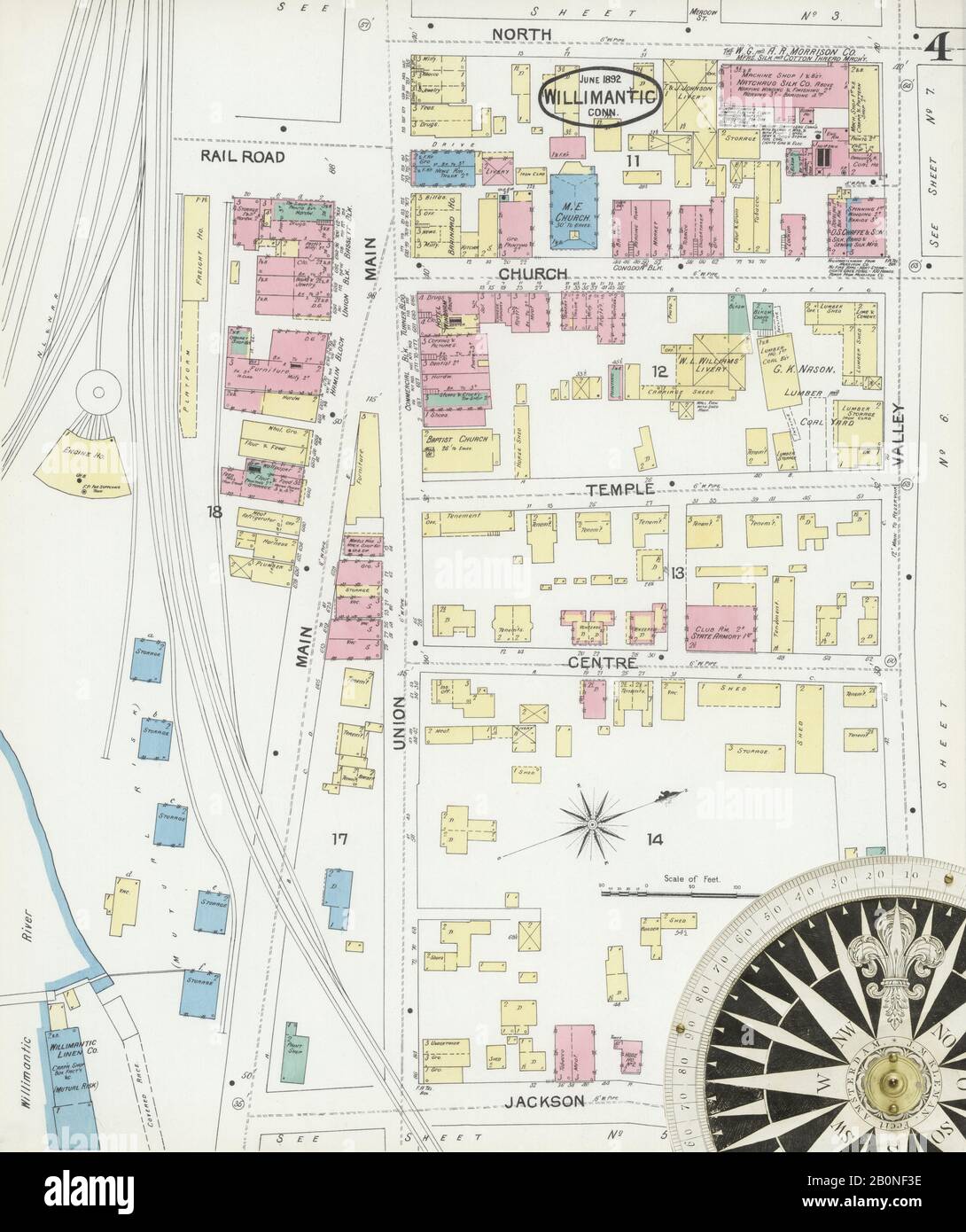 Immagine 4 Della Mappa Sanborn Fire Insurance Di Willimmantic, Windham County, Connecticut. Giu 1892. 10 fogli, America, mappa stradale con una bussola Del Xix Secolo Foto Stock