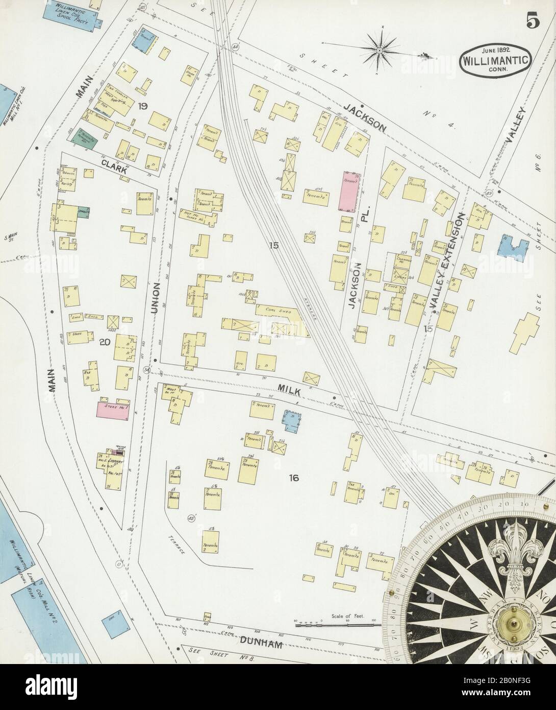 Immagine 5 Della Mappa Sanborn Fire Insurance Di Willimmantic, Windham County, Connecticut. Giu 1892. 10 fogli, America, mappa stradale con una bussola Del Xix Secolo Foto Stock