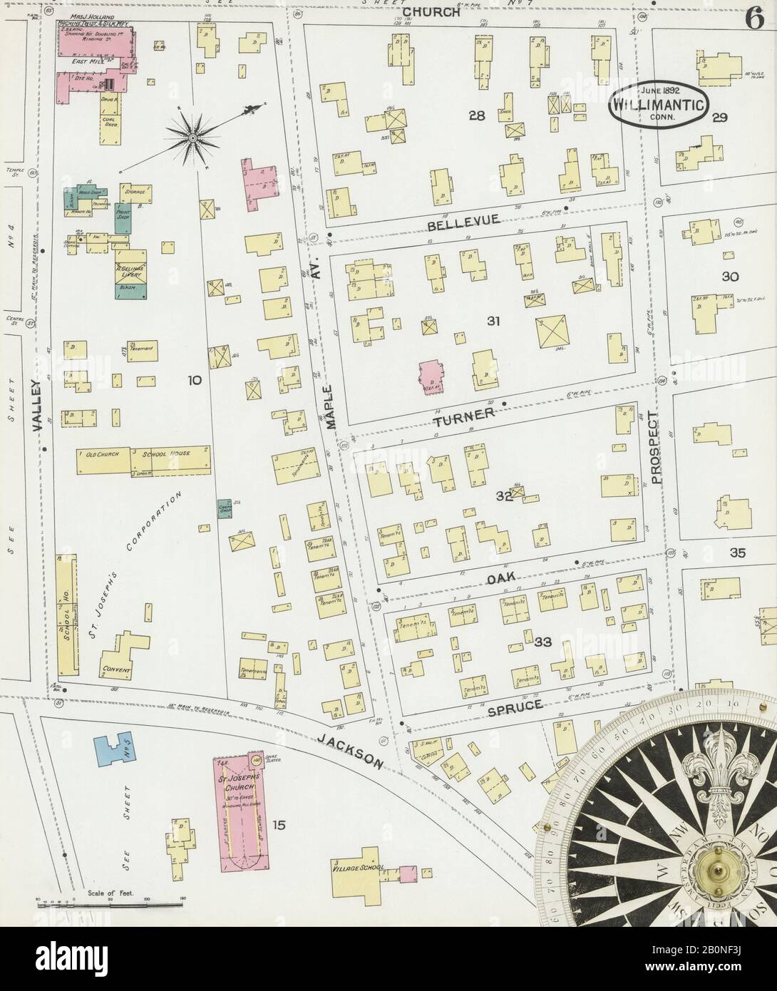 Immagine 6 Della Mappa Sanborn Fire Insurance Di Willimmantic, Windham County, Connecticut. Giu 1892. 10 fogli, America, mappa stradale con una bussola Del Xix Secolo Foto Stock