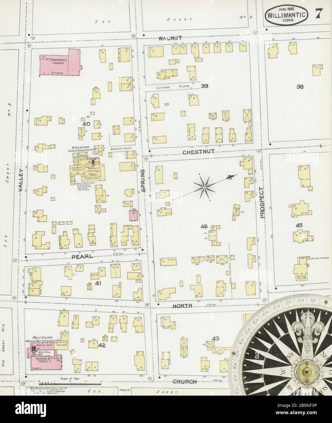 Immagine 7 Della Mappa Sanborn Fire Insurance Di Willimmantic, Windham County, Connecticut. Giu 1892. 10 fogli, America, mappa stradale con una bussola Del Xix Secolo Foto Stock
