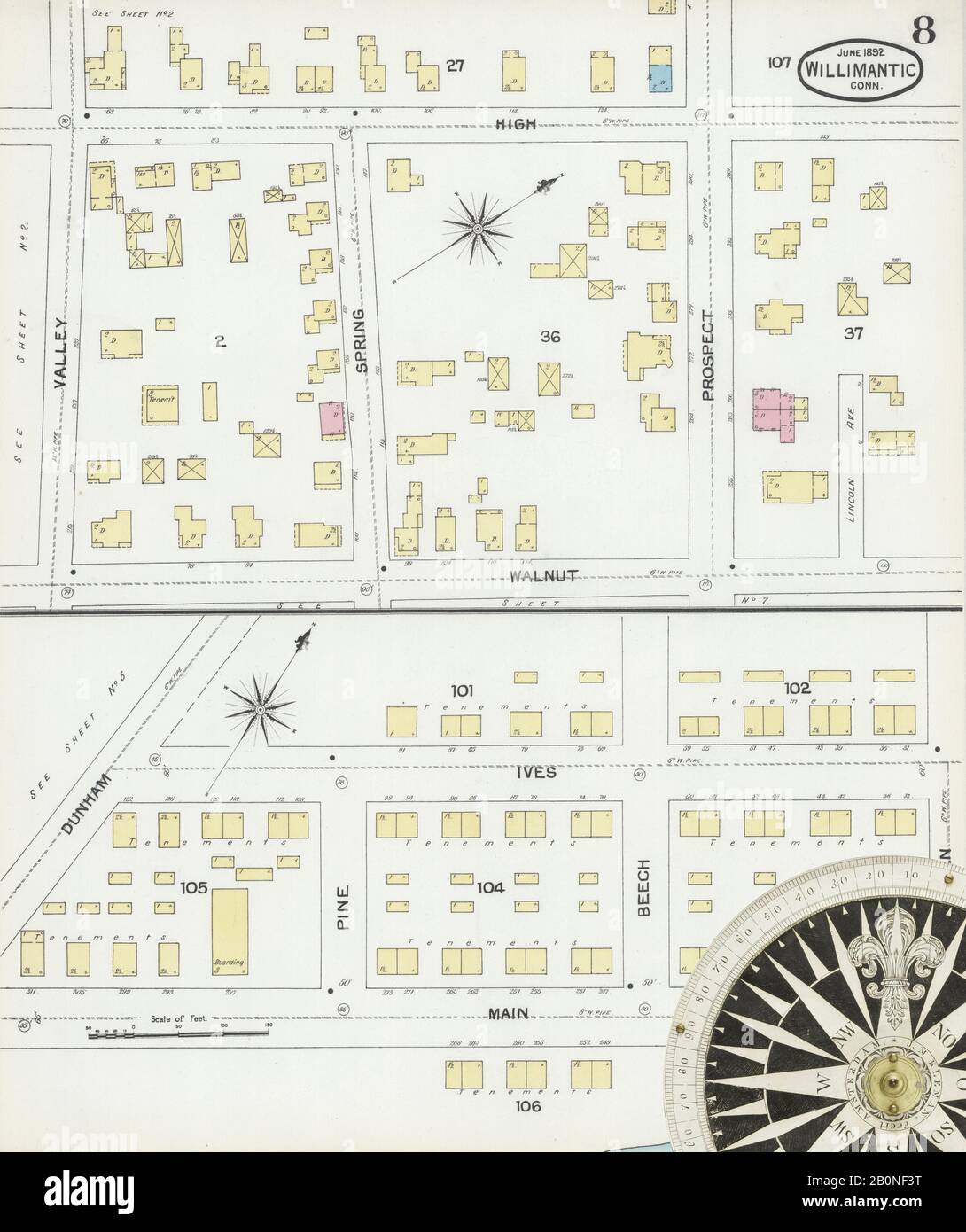 Immagine 8 Della Mappa Sanborn Fire Insurance Di Willimmantic, Windham County, Connecticut. Giu 1892. 10 fogli, America, mappa stradale con una bussola Del Xix Secolo Foto Stock