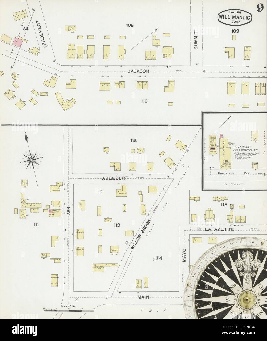 Immagine 9 Della Mappa Sanborn Fire Insurance Di Willimmantic, Windham County, Connecticut. Giu 1892. 10 fogli, America, mappa stradale con una bussola Del Xix Secolo Foto Stock