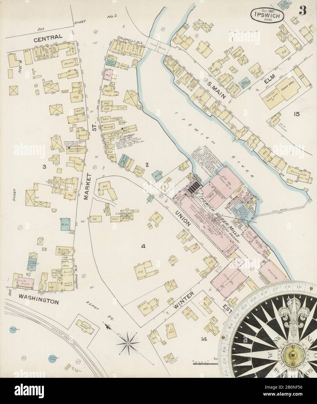 Immagine 3 Della Mappa Sanborn Fire Insurance Di Ipswich, Essex County, Massachusetts. Ott 1887. 4 fogli, America, mappa stradale con una bussola Del Xix Secolo Foto Stock