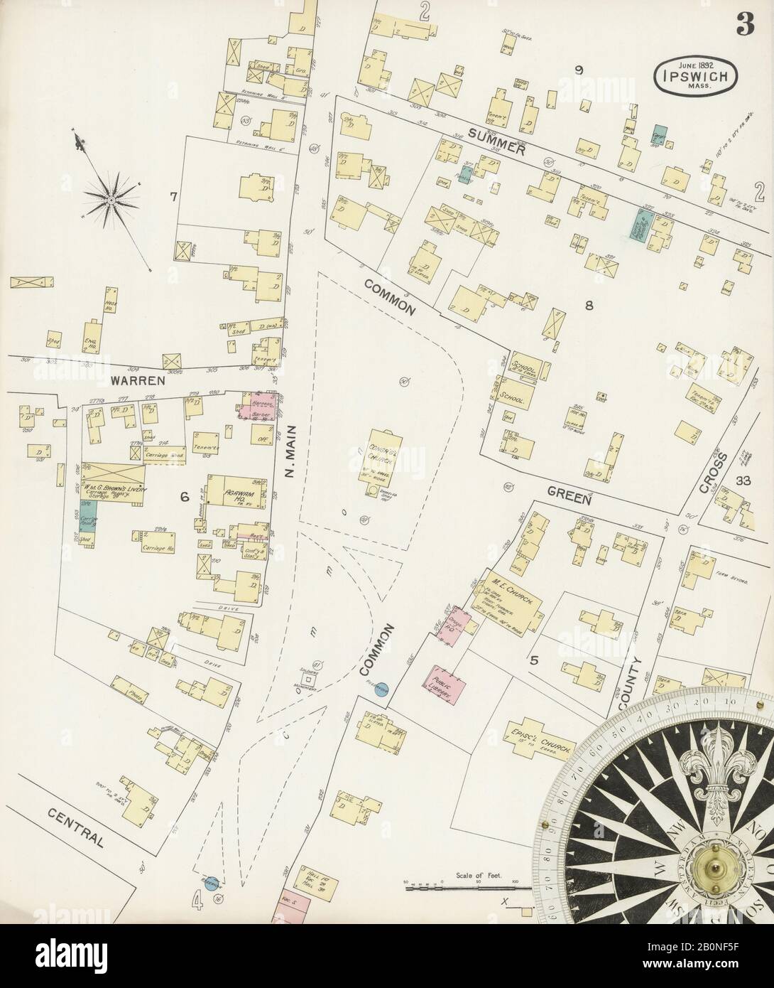 Immagine 3 Della Mappa Sanborn Fire Insurance Di Ipswich, Essex County, Massachusetts. Lug 1892. 5 fogli, America, mappa stradale con una bussola Del Xix Secolo Foto Stock