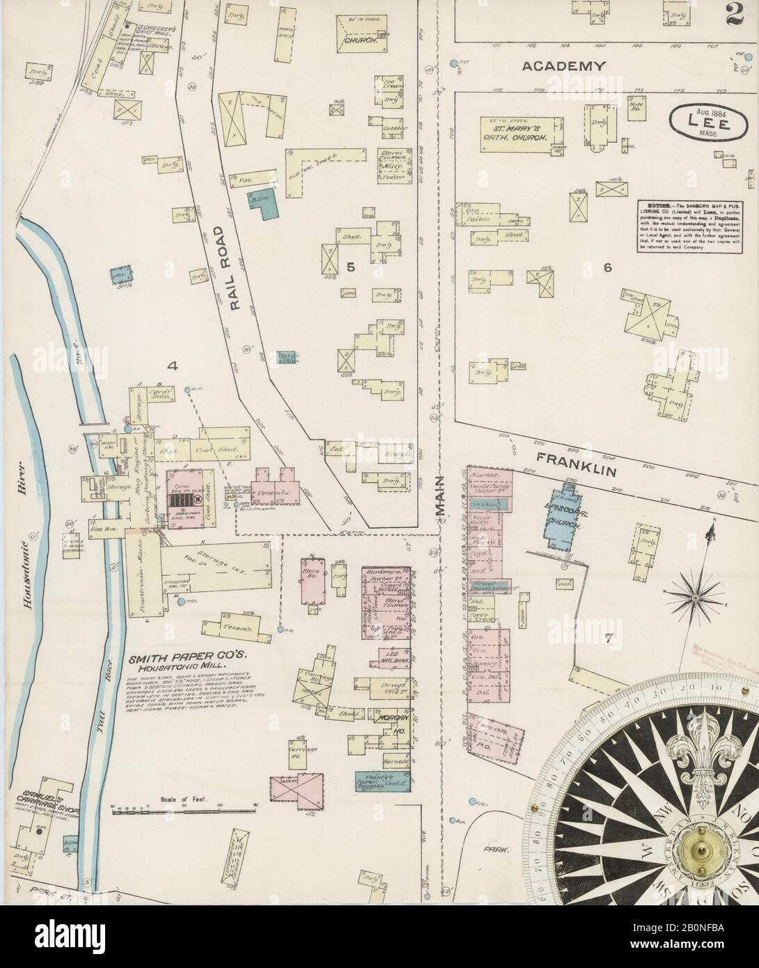 Immagine 2 Della Mappa Sanborn Fire Insurance Di Lee, Berkshire County, Massachusetts. Ago 1884. 5 fogli, America, mappa stradale con una bussola Del Xix Secolo Foto Stock