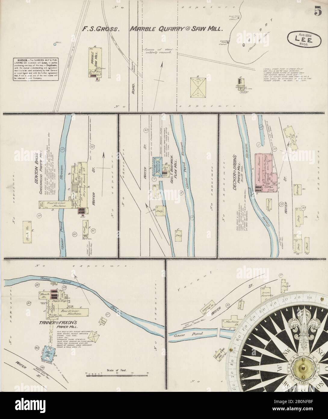 Immagine 5 Della Mappa Sanborn Fire Insurance Di Lee, Berkshire County, Massachusetts. Ago 1884. 5 fogli, America, mappa stradale con una bussola Del Xix Secolo Foto Stock