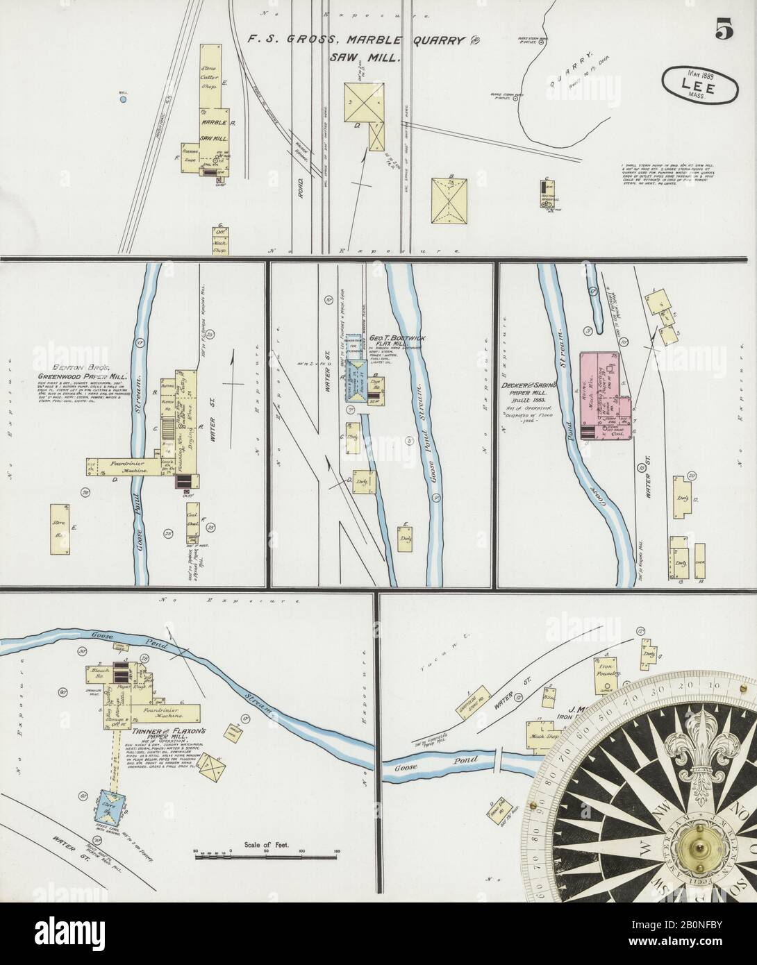 Immagine 5 Della Mappa Sanborn Fire Insurance Di Lee, Berkshire County, Massachusetts. Maggio 1889. 6 fogli, America, mappa stradale con una bussola Del Xix Secolo Foto Stock
