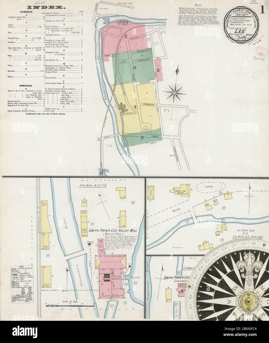 Immagine 1 Della Mappa Sanborn Fire Insurance Di Lee, Berkshire County, Massachusetts. Feb 1895. 6 fogli, America, mappa stradale con una bussola Del Xix Secolo Foto Stock