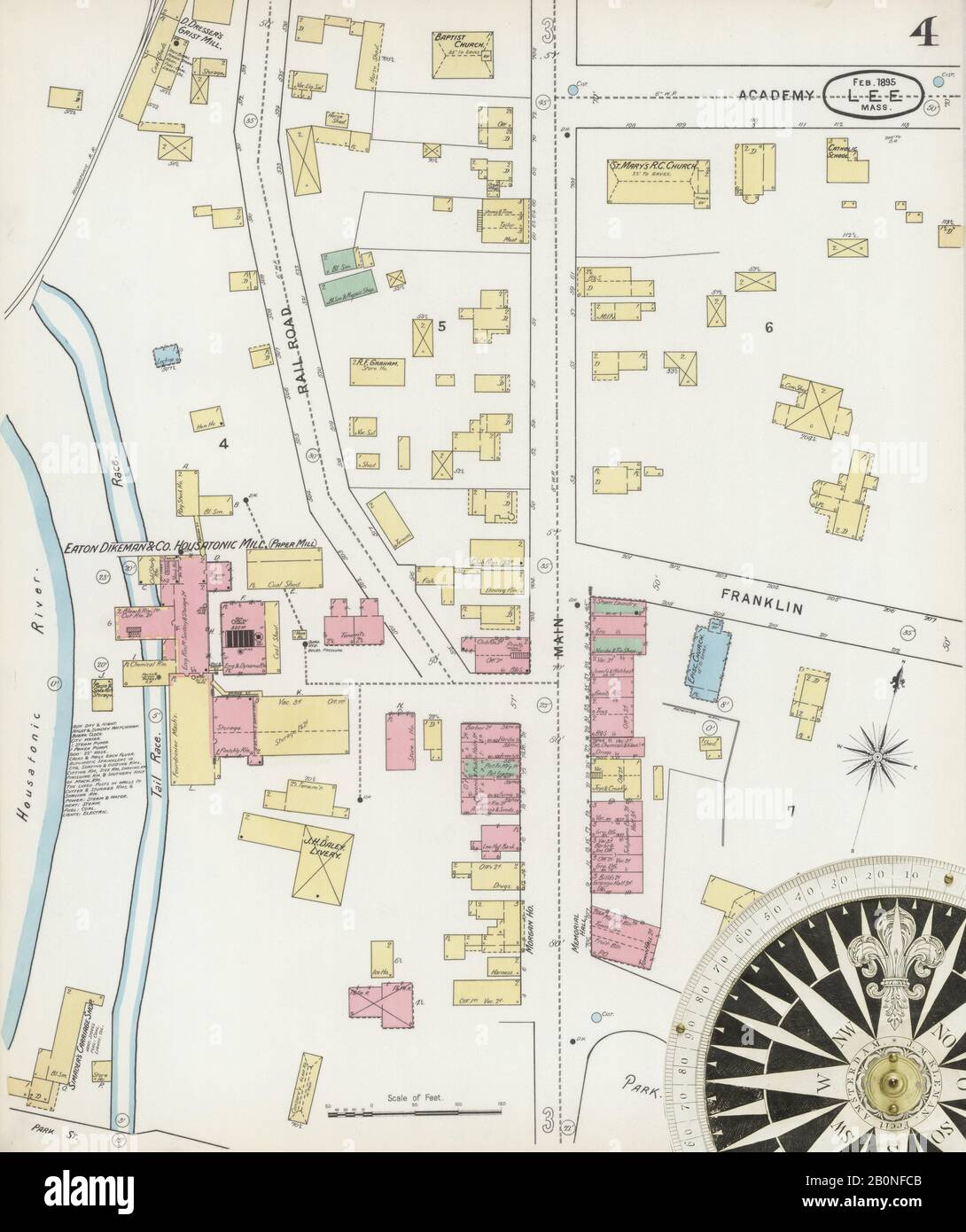 Immagine 4 Della Mappa Sanborn Fire Insurance Di Lee, Berkshire County, Massachusetts. Feb 1895. 6 fogli, America, mappa stradale con una bussola Del Xix Secolo Foto Stock