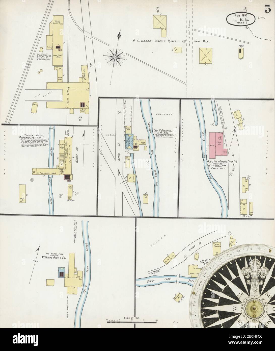 Immagine 5 Della Mappa Sanborn Fire Insurance Di Lee, Berkshire County, Massachusetts. Feb 1895. 6 fogli, America, mappa stradale con una bussola Del Xix Secolo Foto Stock