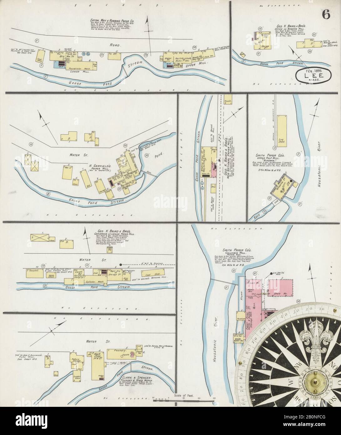 Immagine 6 Della Mappa Sanborn Fire Insurance Di Lee, Berkshire County, Massachusetts. Feb 1895. 6 fogli, America, mappa stradale con una bussola Del Xix Secolo Foto Stock