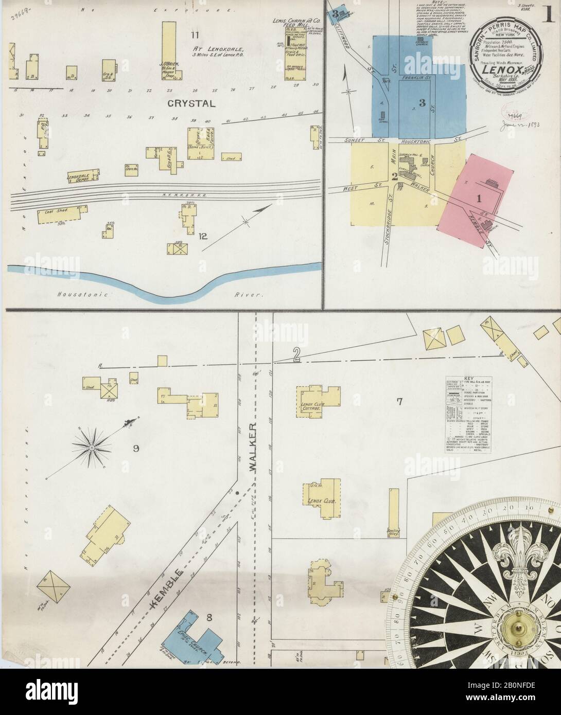 Immagine 1 Della Mappa Sanborn Fire Insurance Di Lenox, Berkshire County, Massachusetts. Maggio 1893. 3 fogli, America, mappa stradale con una bussola Del Xix Secolo Foto Stock