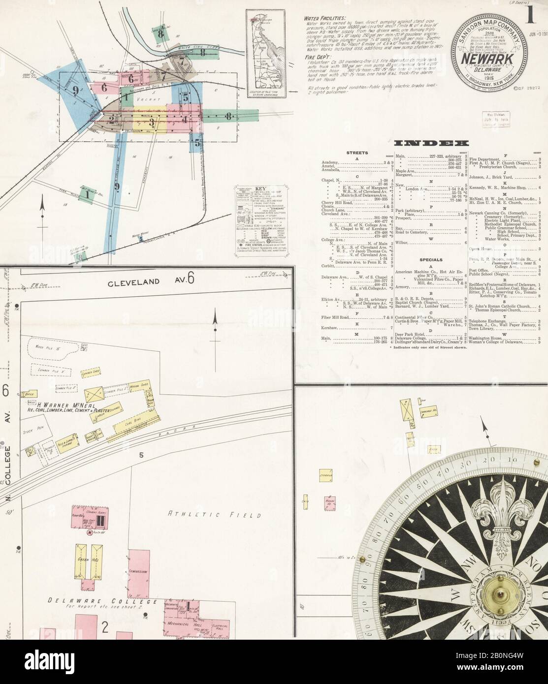 Immagine 1 Della Mappa Sanborn Fire Insurance Da Newark, Castle County, Delaware. Maggio 1915. 9 fogli, America, mappa stradale con una bussola Del Xix Secolo Foto Stock