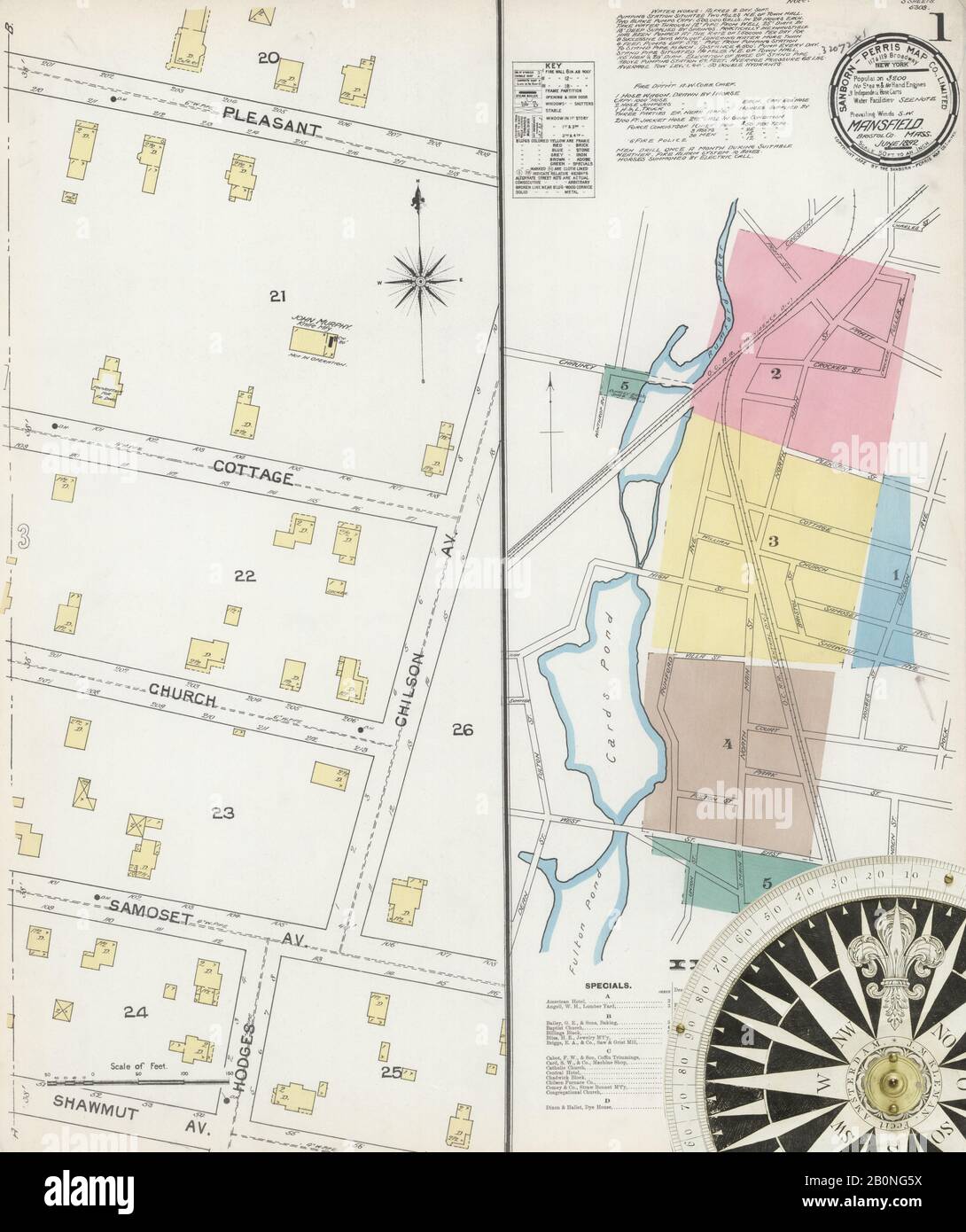 Immagine 1 Della Mappa Sanborn Fire Insurance Di Mansfield, Bristol County, Massachusetts. Giu 1892. 5 fogli, America, mappa stradale con una bussola Del Xix Secolo Foto Stock