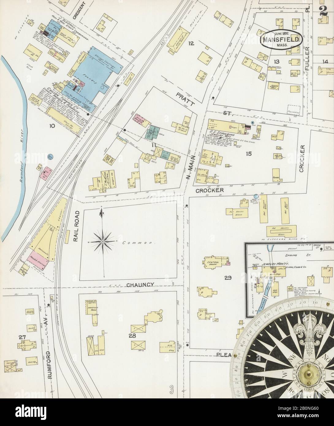 Immagine 2 Della Mappa Sanborn Fire Insurance Di Mansfield, Bristol County, Massachusetts. Giu 1892. 5 fogli, America, mappa stradale con una bussola Del Xix Secolo Foto Stock