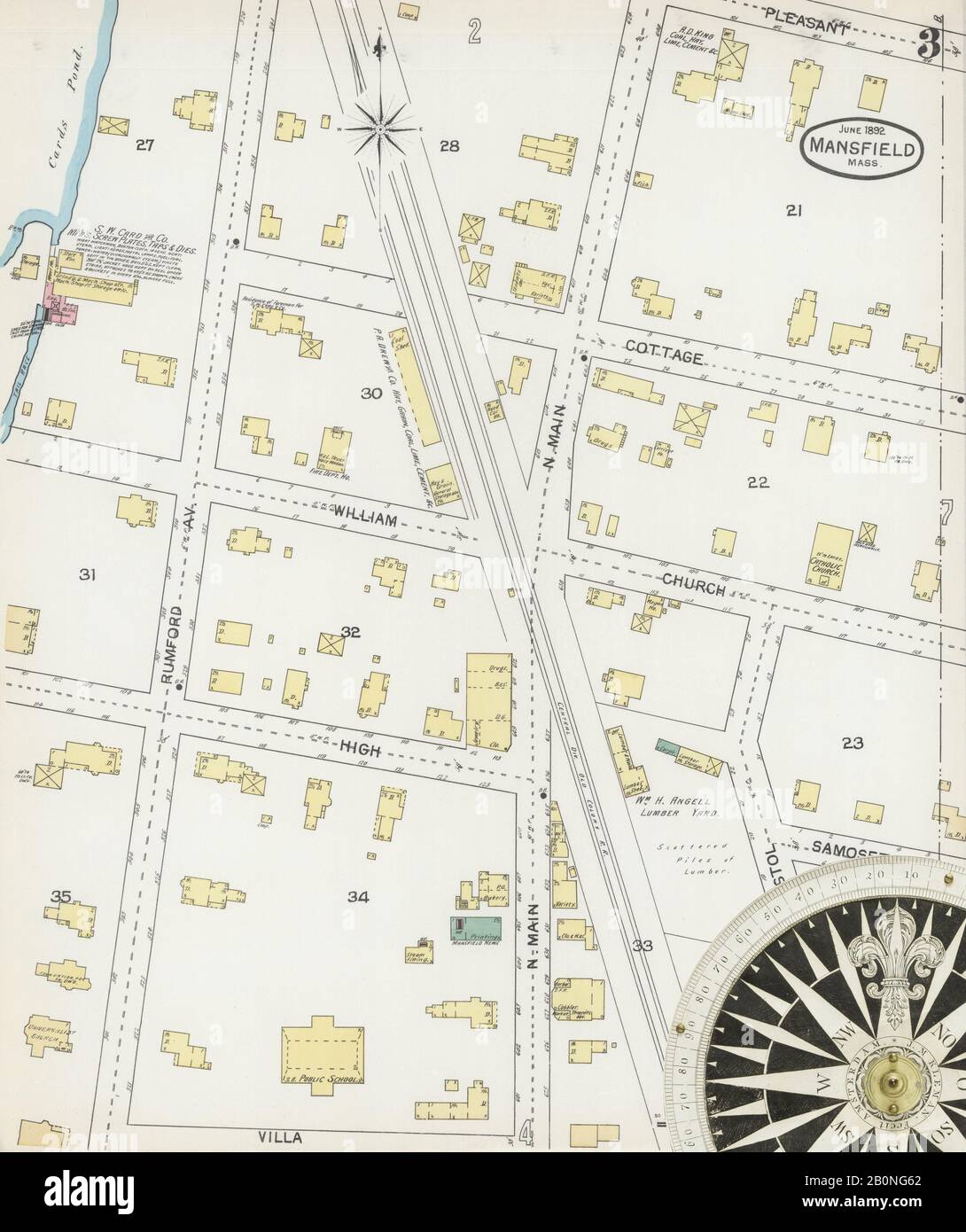Immagine 3 Della Mappa Sanborn Fire Insurance Di Mansfield, Bristol County, Massachusetts. Giu 1892. 5 fogli, America, mappa stradale con una bussola Del Xix Secolo Foto Stock