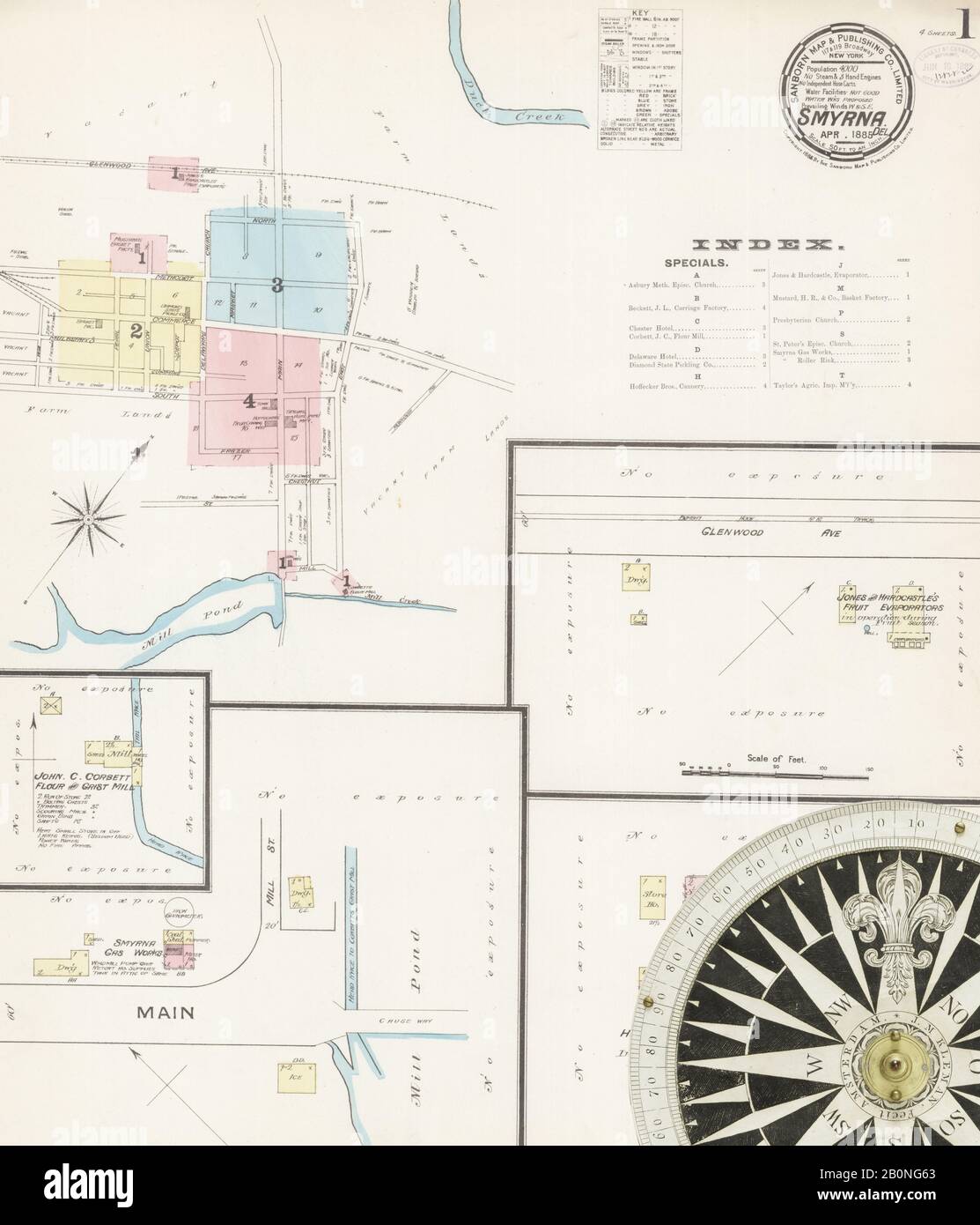 Immagine 1 Della Mappa Sanborn Fire Insurance Di Smyrna, Kent County, Delaware. Apr 1885. 4 fogli, America, mappa stradale con una bussola Del Xix Secolo Foto Stock