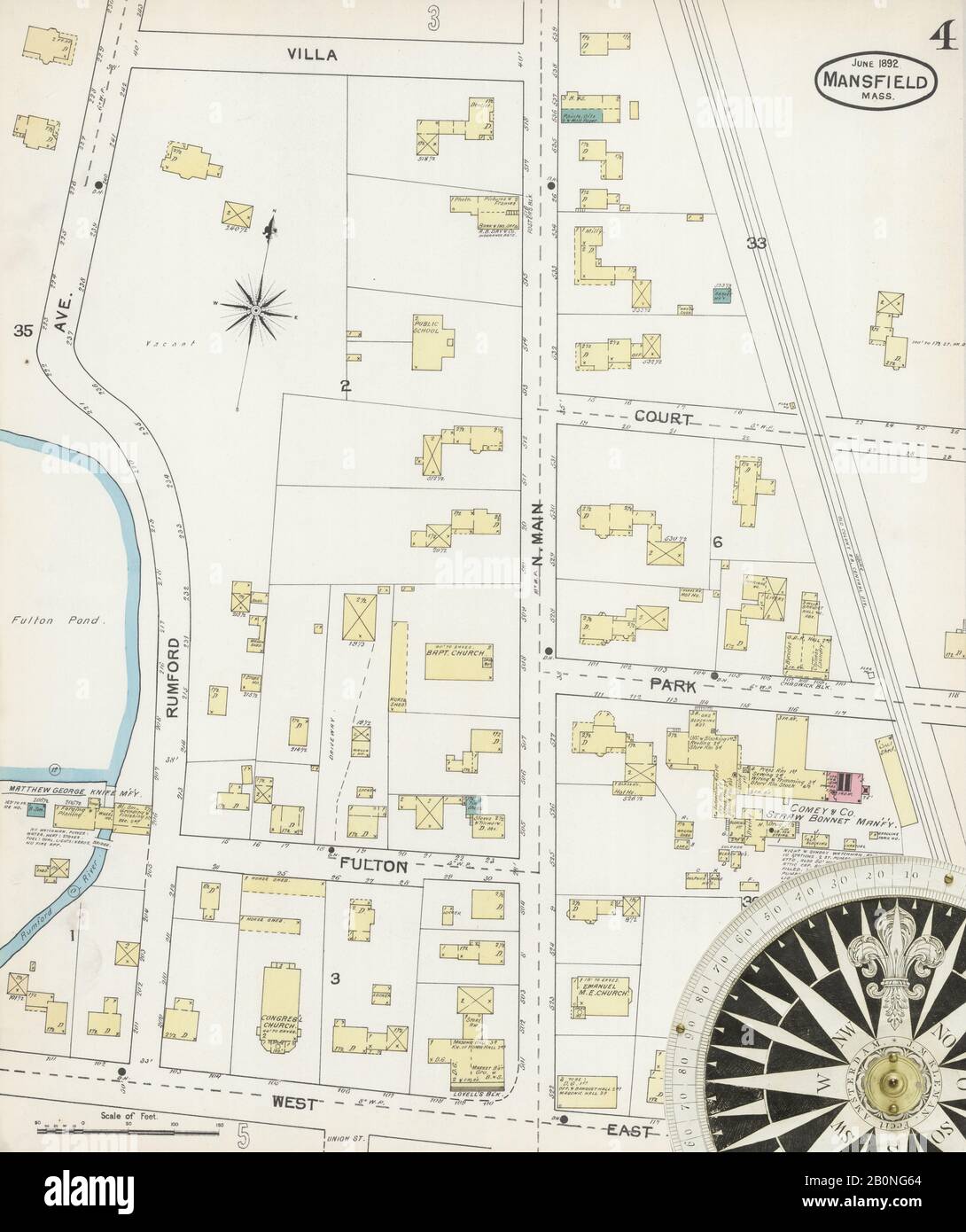 Immagine 4 Della Mappa Sanborn Fire Insurance Di Mansfield, Bristol County, Massachusetts. Giu 1892. 5 fogli, America, mappa stradale con una bussola Del Xix Secolo Foto Stock