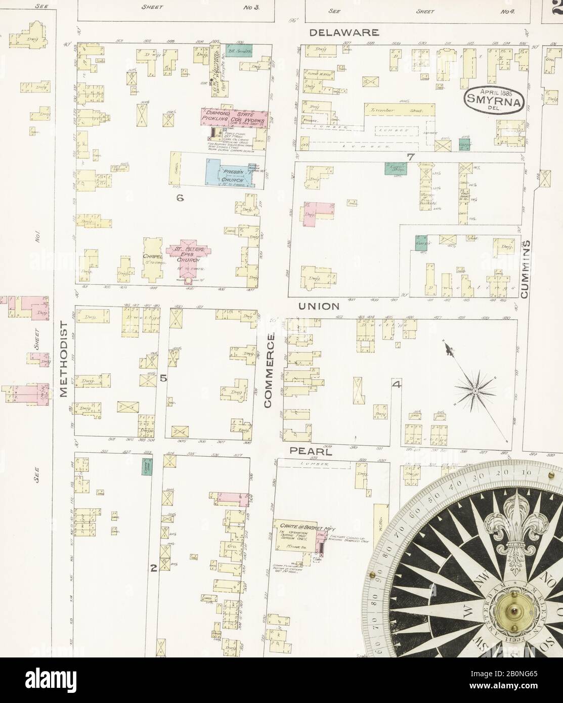 Immagine 2 Della Mappa Sanborn Fire Insurance Di Smyrna, Kent County, Delaware. Apr 1885. 4 fogli, America, mappa stradale con una bussola Del Xix Secolo Foto Stock