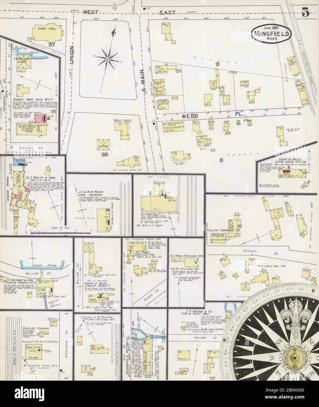 Immagine 5 Della Mappa Sanborn Fire Insurance Di Mansfield, Bristol County, Massachusetts. Giu 1892. 5 fogli, America, mappa stradale con una bussola Del Xix Secolo Foto Stock