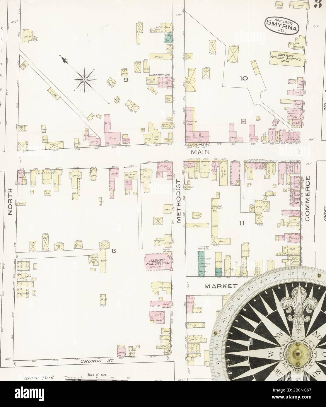 Immagine 3 Della Mappa Sanborn Fire Insurance Di Smyrna, Kent County, Delaware. Apr 1885. 4 fogli, America, mappa stradale con una bussola Del Xix Secolo Foto Stock