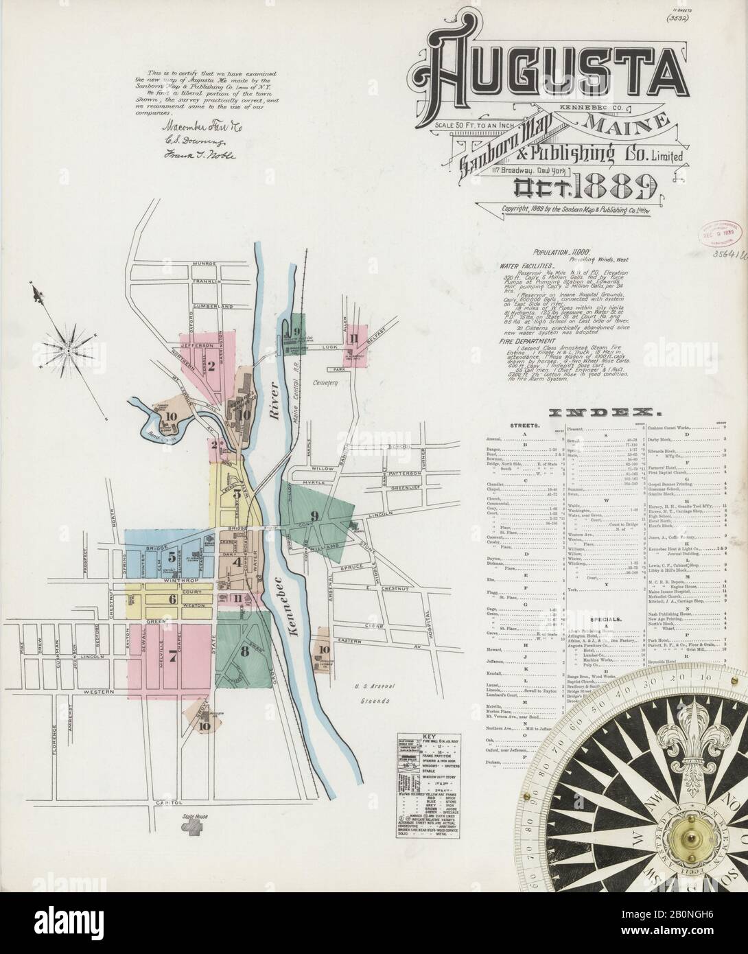 Immagine 1 Della Mappa Sanborn Fire Insurance Di Augusta, Contea Di Kennebec, Maine. Ott 1889. 11 fogli, America, mappa stradale con una bussola Del Xix Secolo Foto Stock