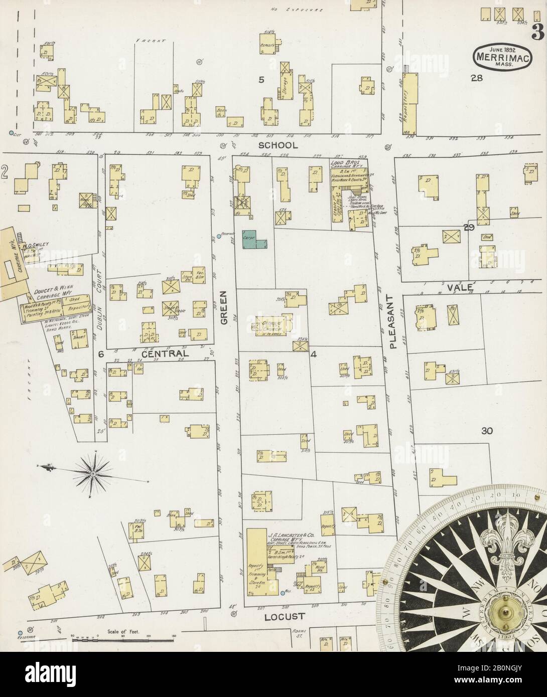 Immagine 3 Della Mappa Sanborn Fire Insurance Di Merrimac, Essex County, Massachusetts. Giu 1892. 4 fogli, America, mappa stradale con una bussola Del Xix Secolo Foto Stock