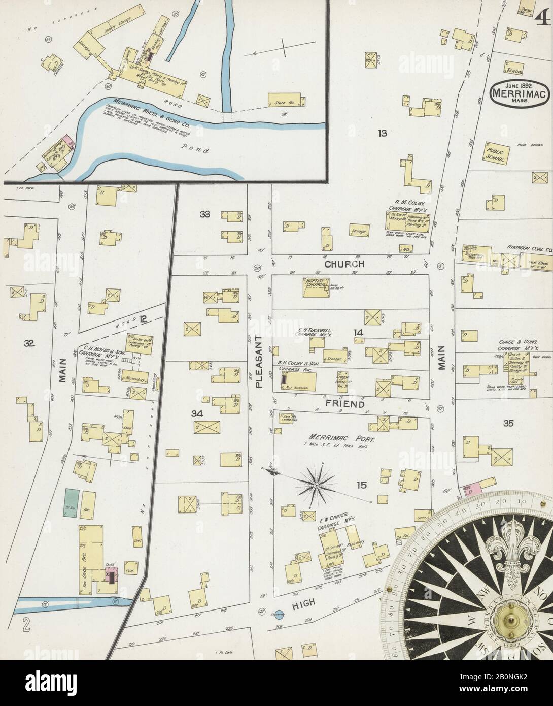 Immagine 4 Della Mappa Sanborn Fire Insurance Di Merrimac, Essex County, Massachusetts. Giu 1892. 4 fogli, America, mappa stradale con una bussola Del Xix Secolo Foto Stock