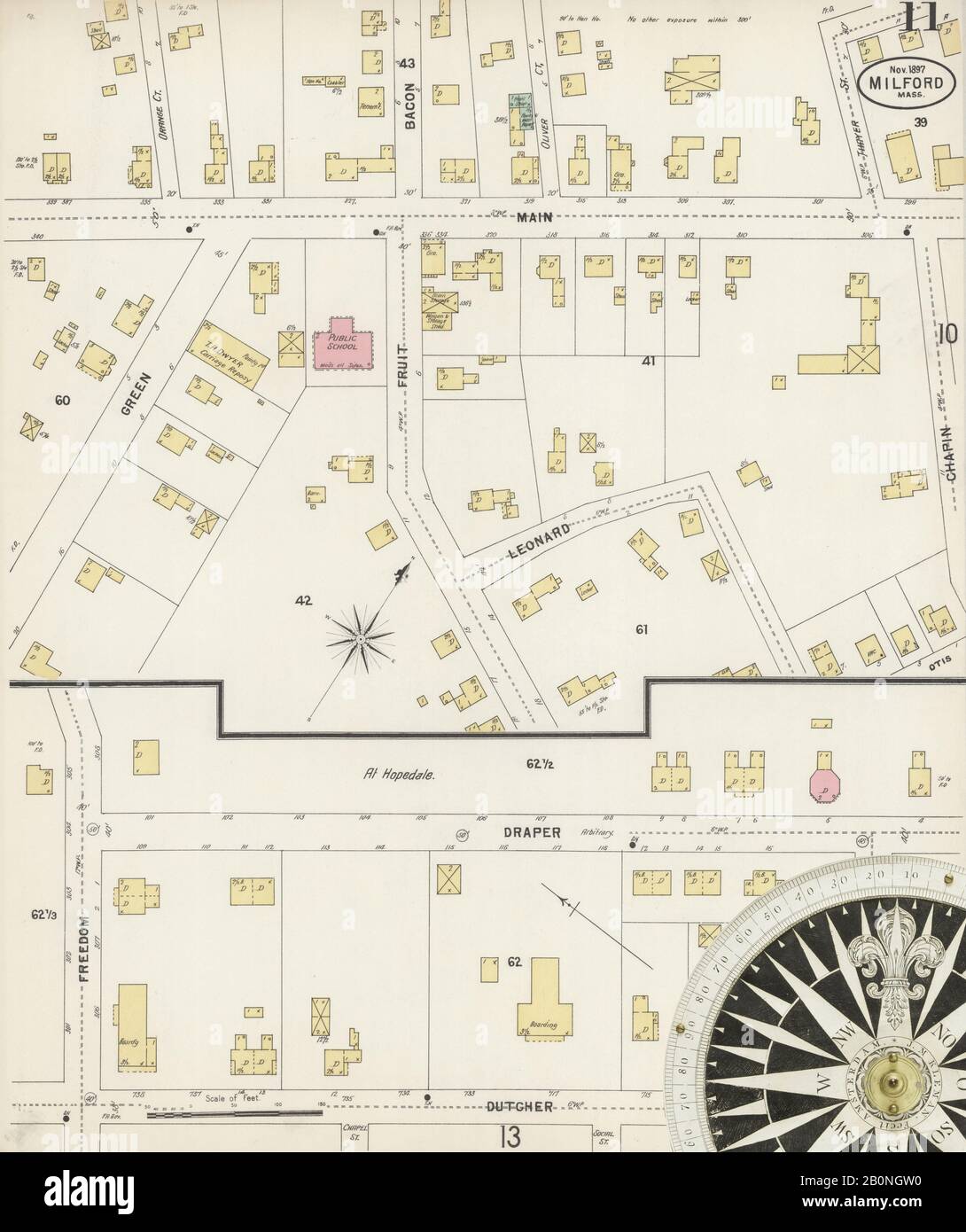 Immagine 11 Della Mappa Sanborn Fire Insurance Da Milford, Worcester County, Massachusetts. Nov 1897. 13 fogli. Include Hopedale, America, mappa stradale con una bussola Del Xix Secolo Foto Stock
