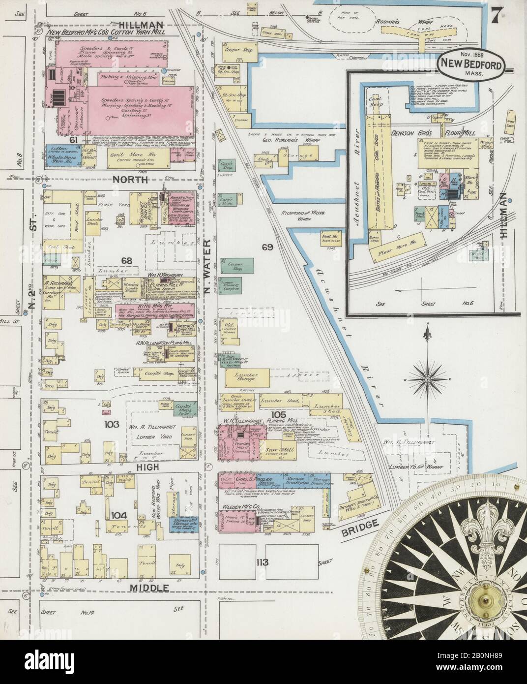 Immagine 7 Della Mappa Sanborn Fire Insurance Di New Bedford, Bristol County, Massachusetts. Nov 1888. 32 fogli. Include Fairhaven, America, mappa stradale con una bussola Del Xix Secolo Foto Stock